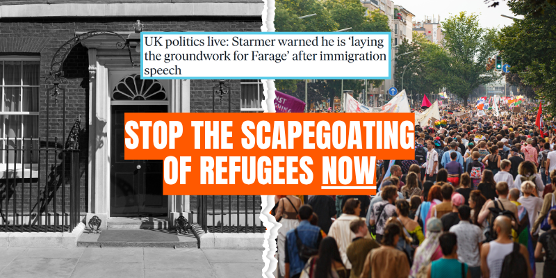 Picture of 10 Downing street next to a crowd of protesters with text: 'Stop the scapegoating of refugees'
