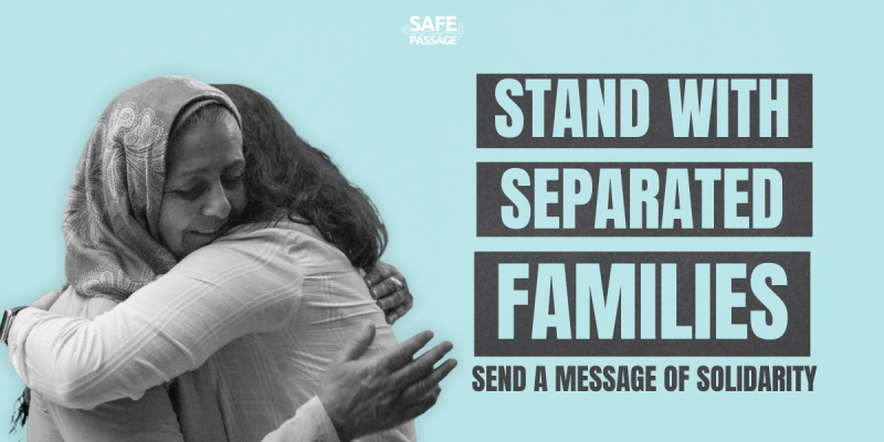 Black and white image of an elderly woman hugging a loved one, on a plain blue blackground, with the heading 'Stand with separated families - share a message of solidarity'