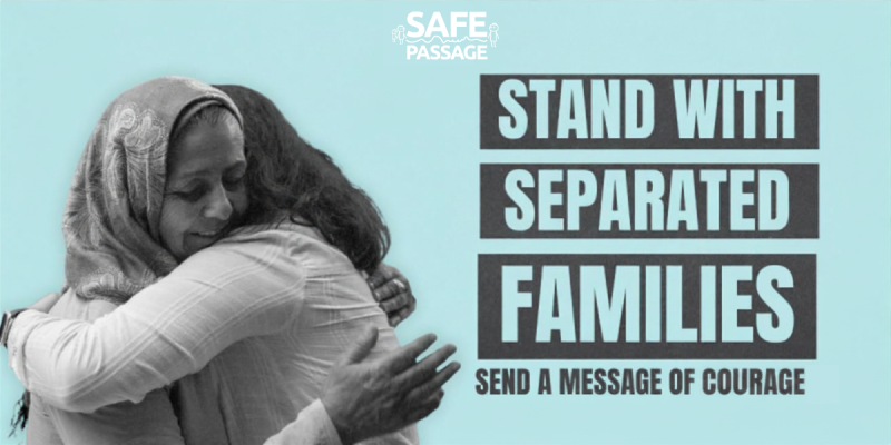 Black and white image of an elderly woman hugging a loved one, on a plain blue blackground, with the heading 'Stand with separated families - share a message of solidarity'